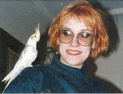 Beautiful yellow and white cockatiel sitting on a lady's shoulder